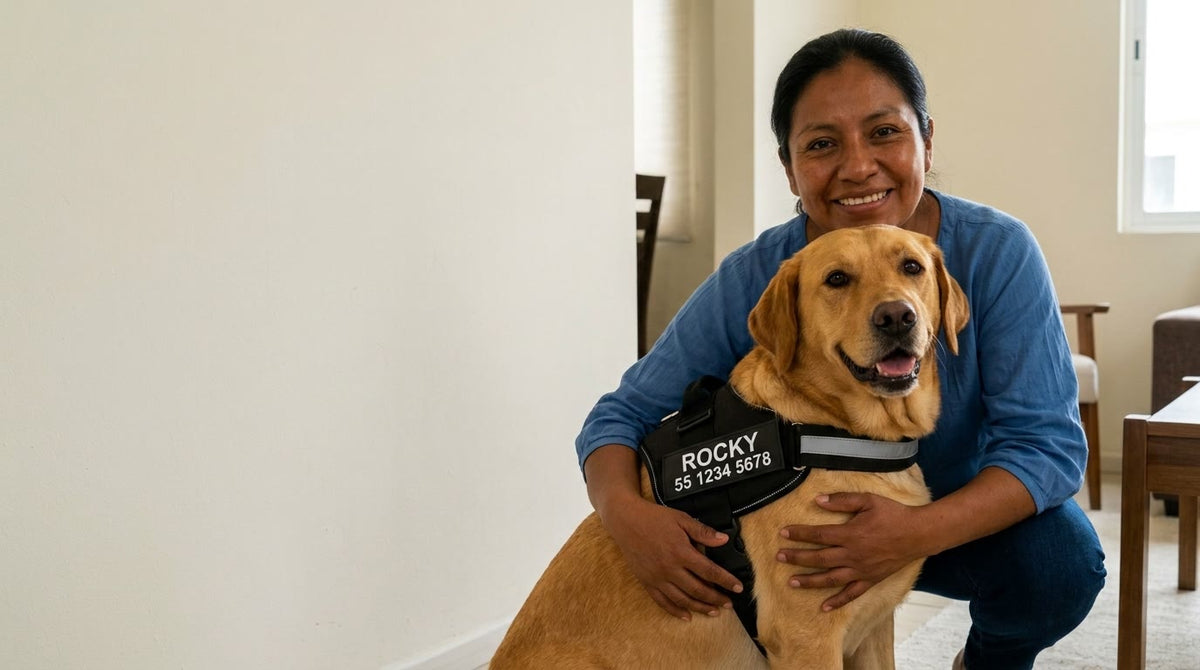 Clienta feliz con su perro y el arnés Nivora