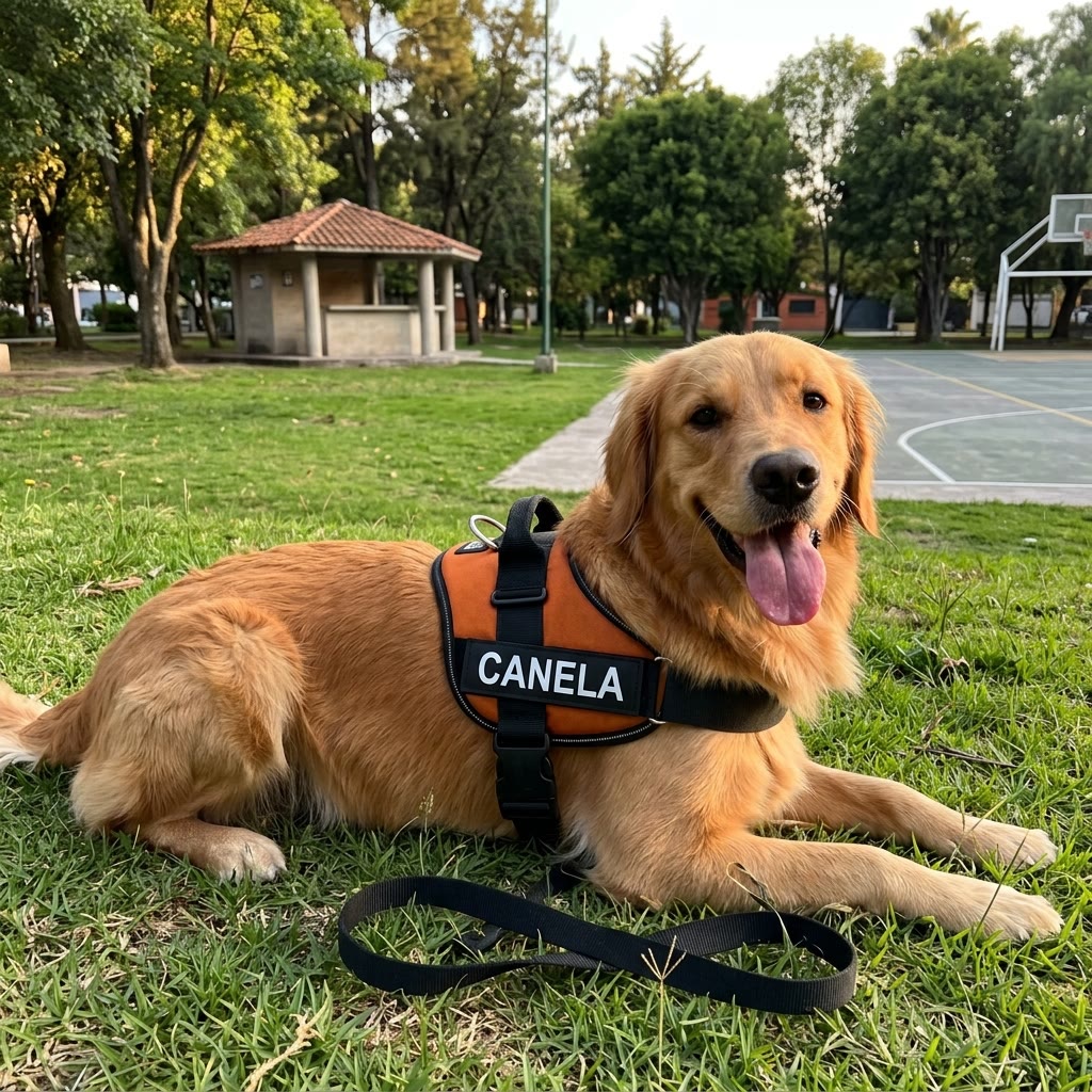 Golden retriever con el arnés Nivora naranja