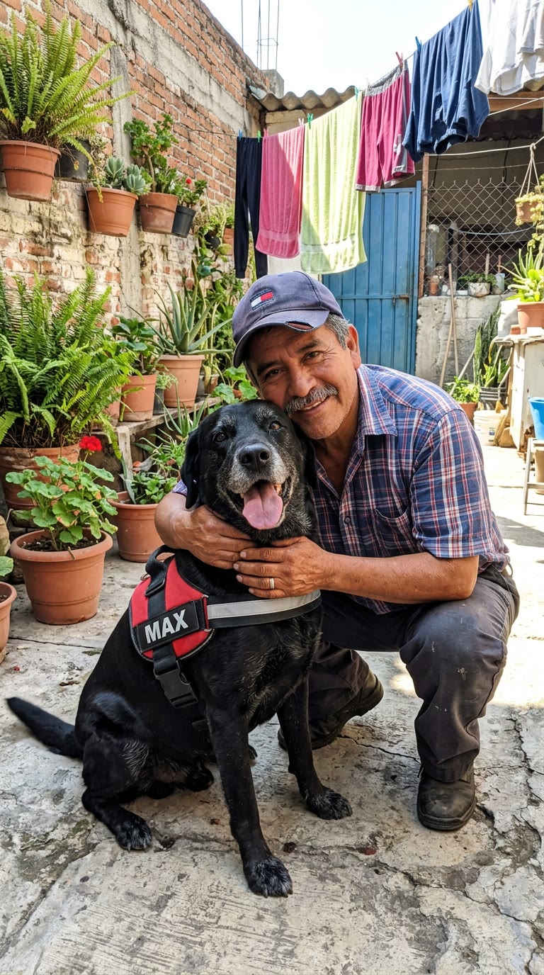 Señor con su labrador con el arnés Nivora rojo
