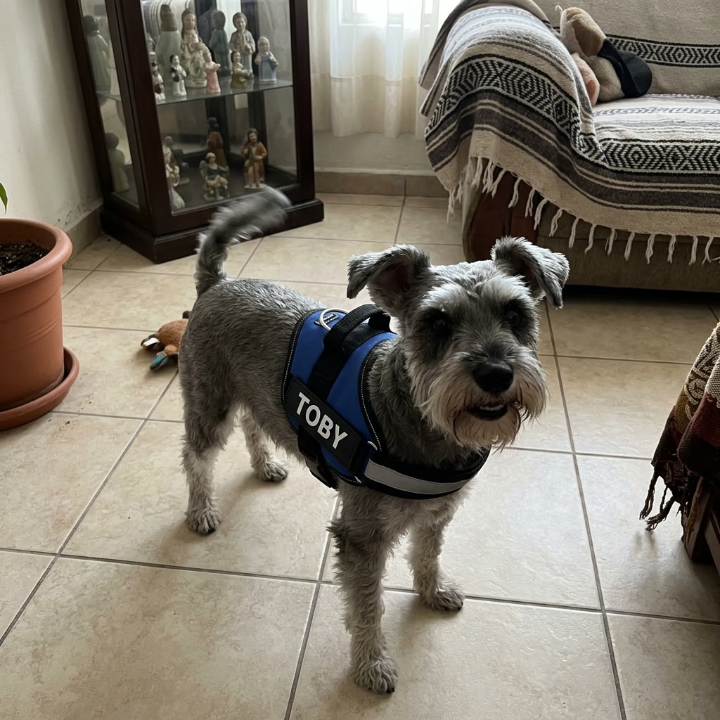 Schnauzer con el arnés Nivora azul