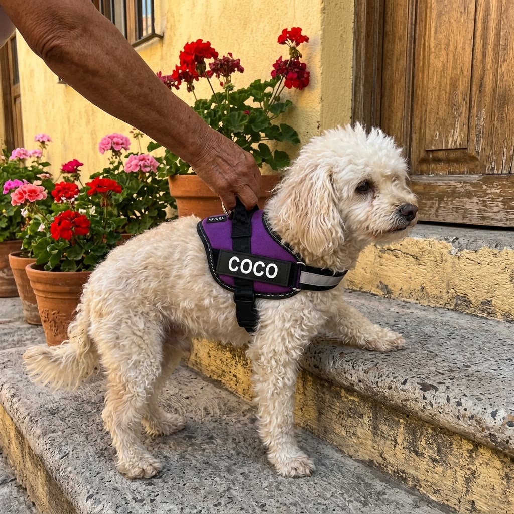 French poodle con el arnés Nivora morado