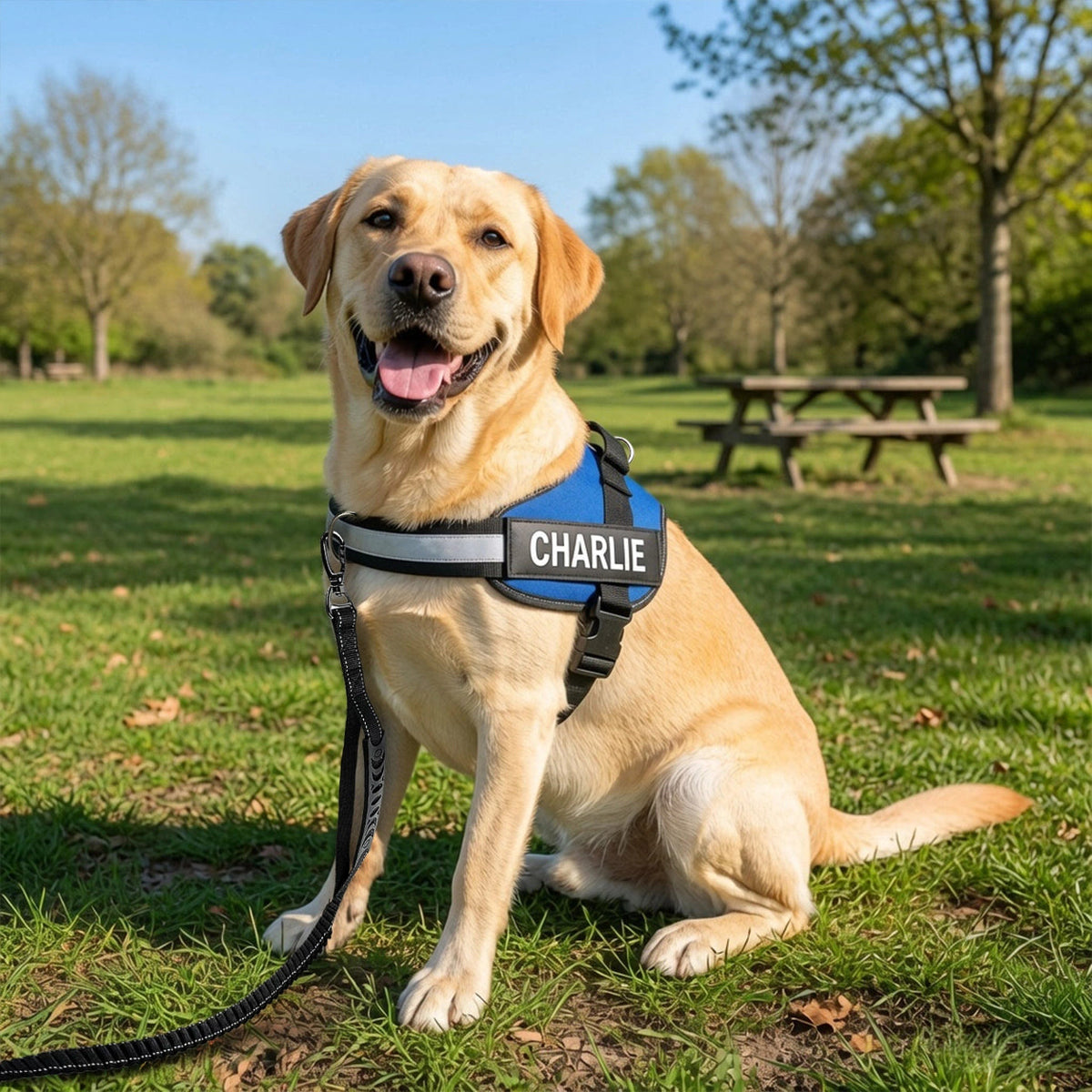 Labrador con el arnés Nivora azul
