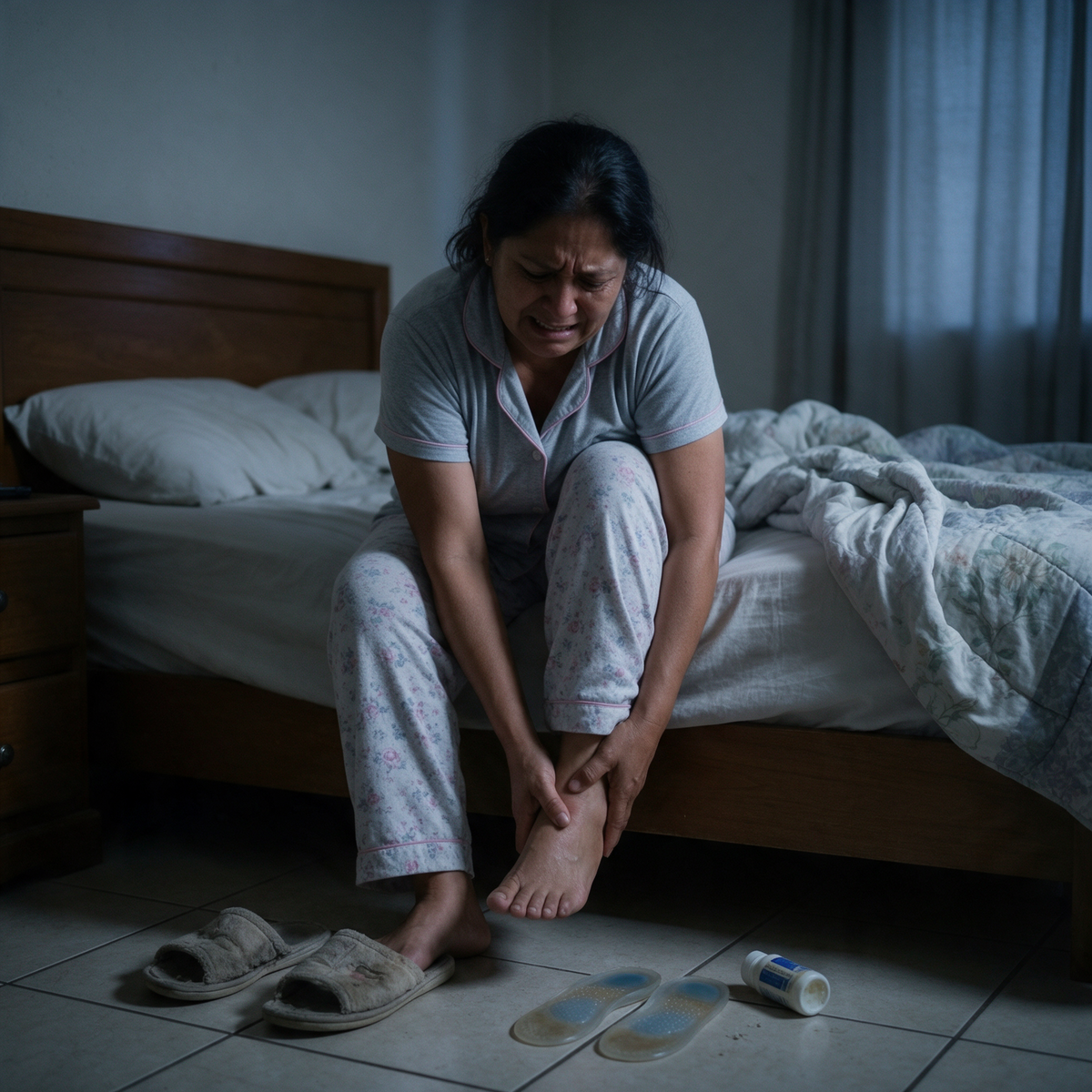 Mujer con dolor de talón al levantarse