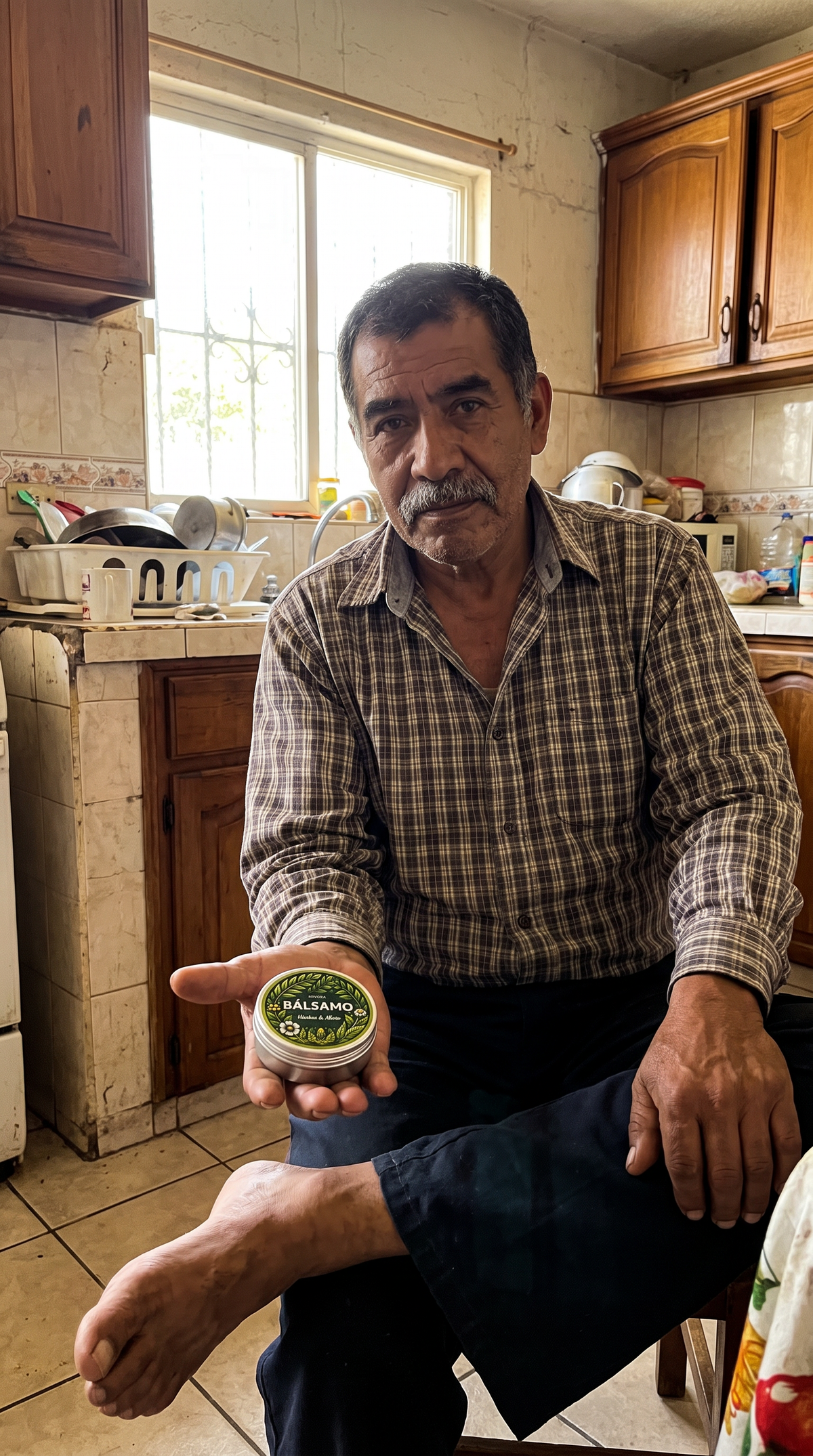 Señor con el tarro de bálsamo en la cocina