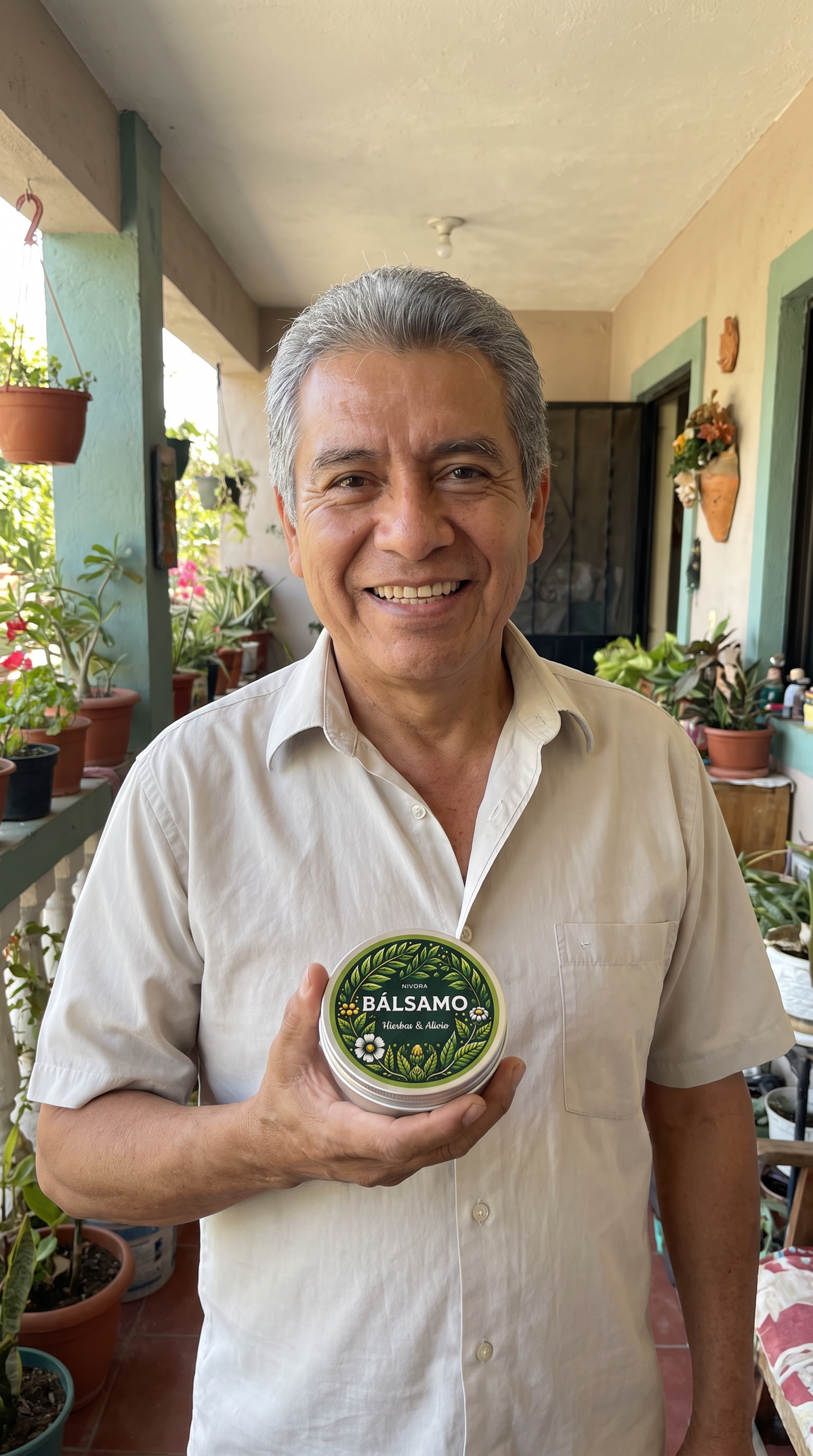 Señor mostrando el tarro de bálsamo