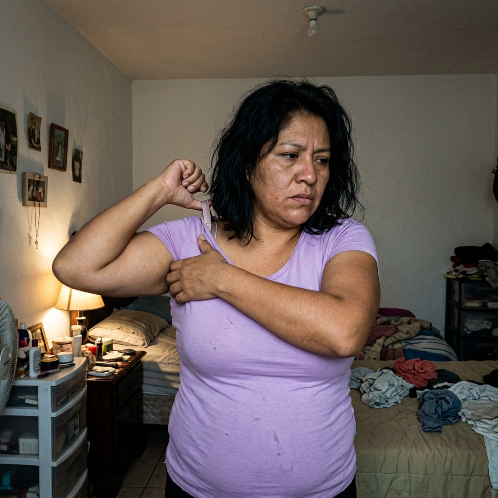 Mujer incómoda con su bra de varilla al final del día