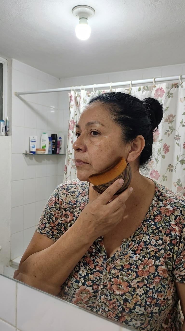 Clienta pasándose el cepillo por la mandíbula