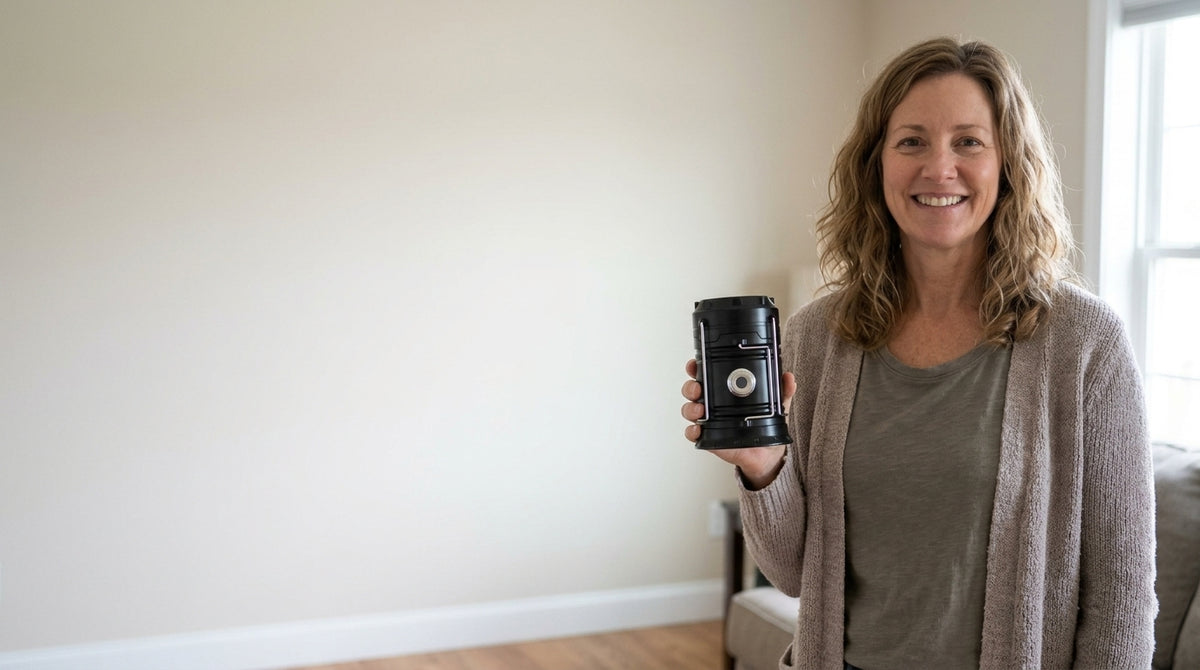 Happy customer holding the folded lantern