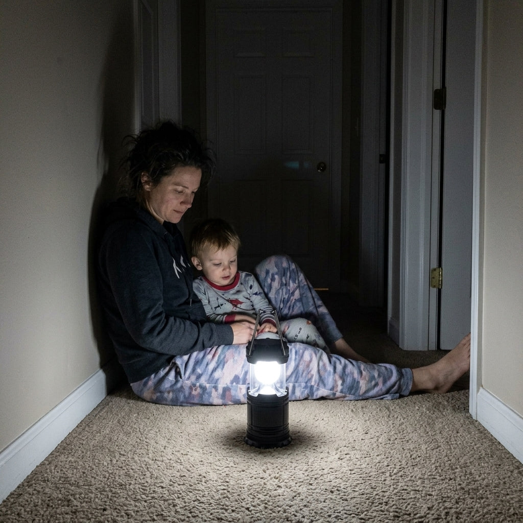 Mother and child in a dark hallway with a lantern
