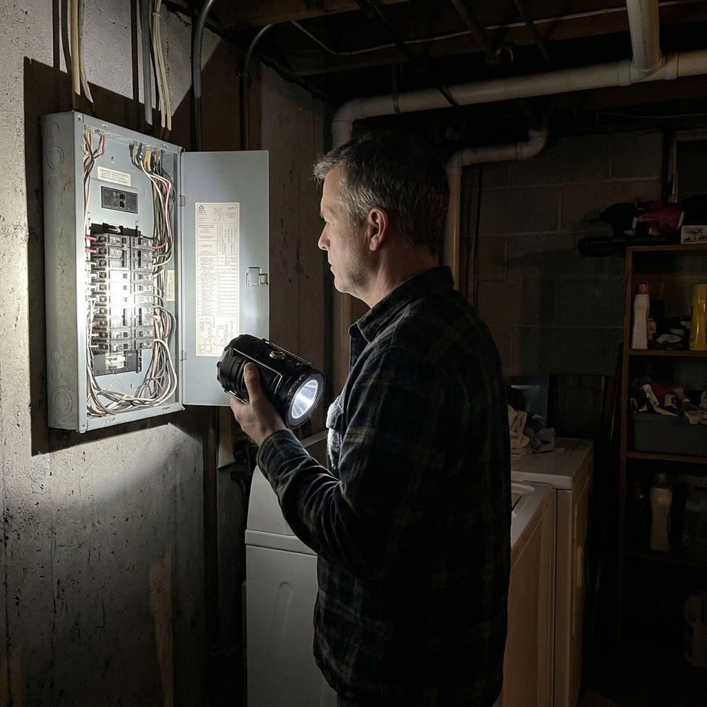 Checking the breaker box with the lantern in flashlight mode