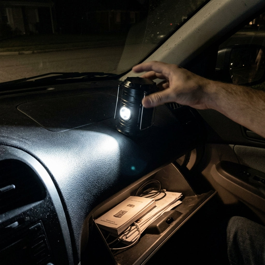 Folded lantern on a car dashboard at night