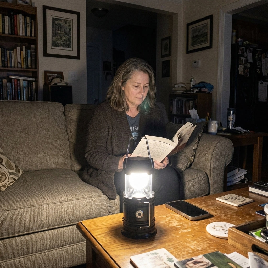 Living room lit by a lantern on the coffee table