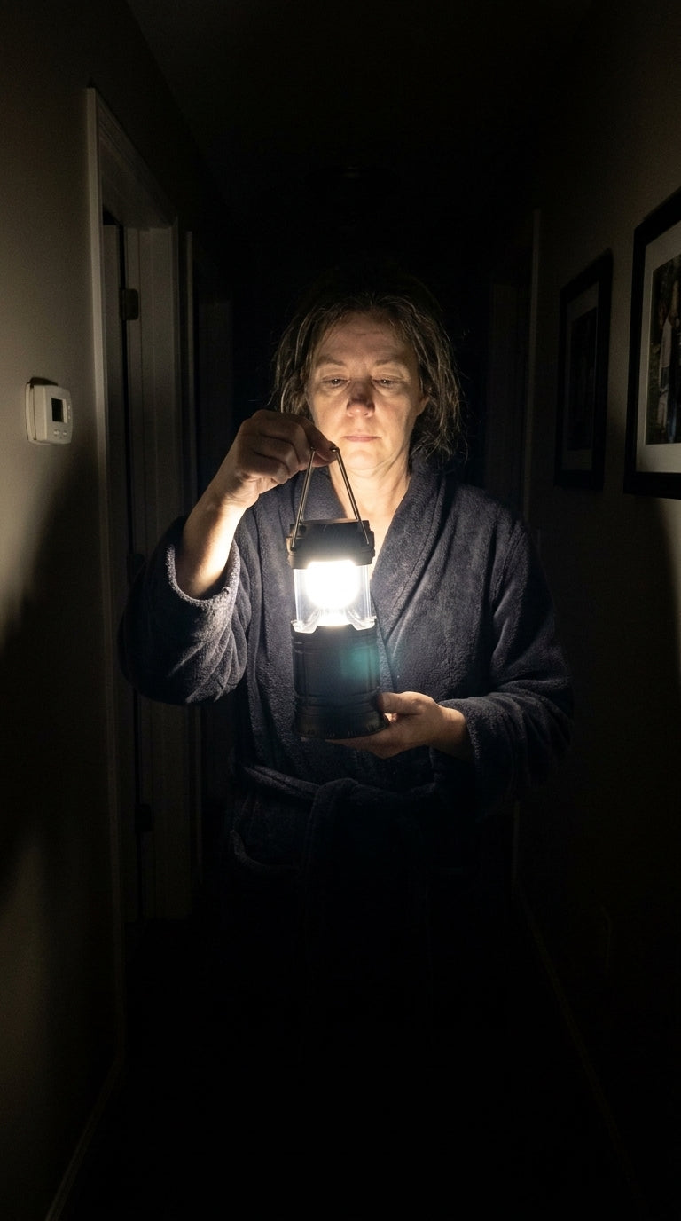 Woman holding a lit lantern in a dark hallway