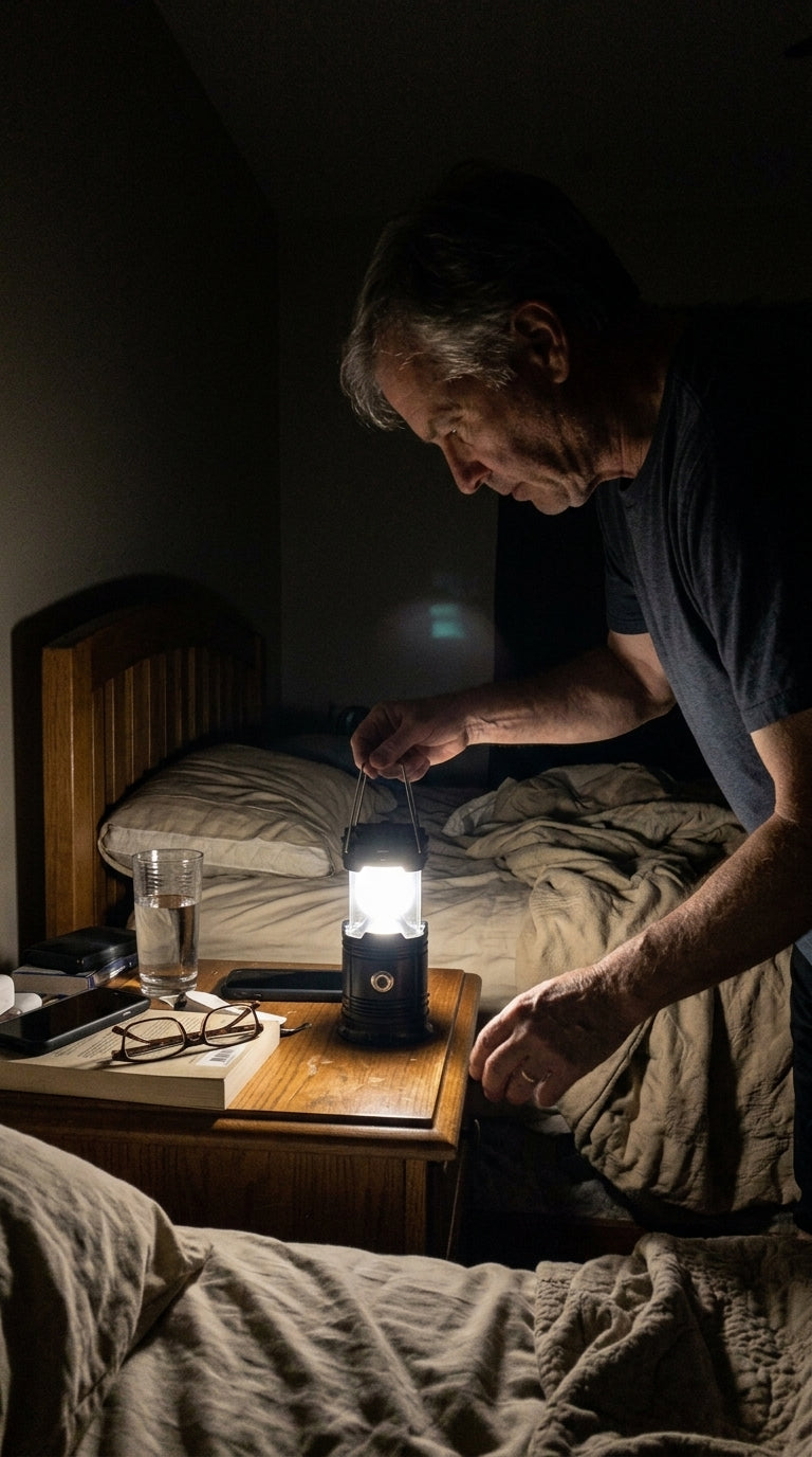 Lantern on a nightstand in a dark bedroom