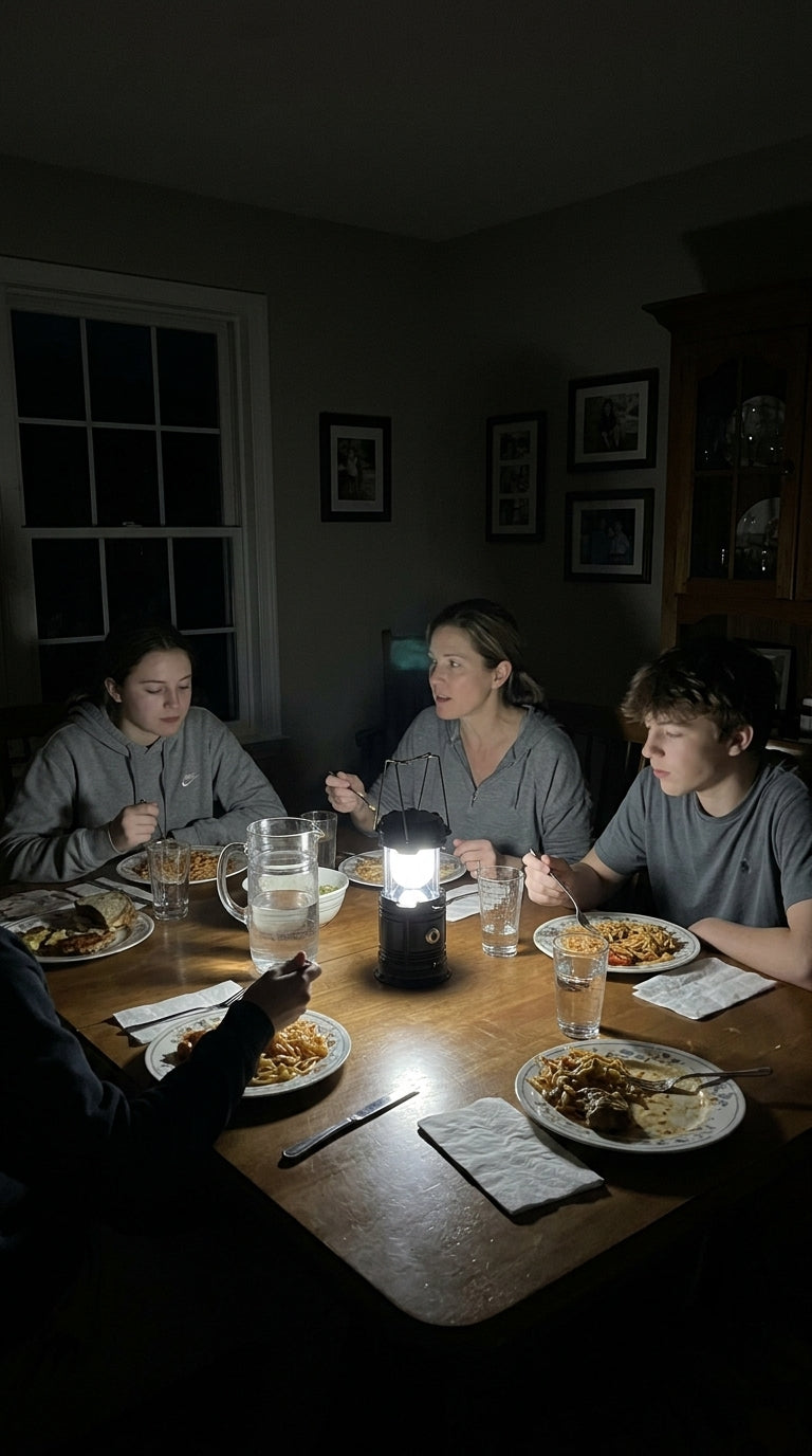 Family at the dinner table lit by a lantern