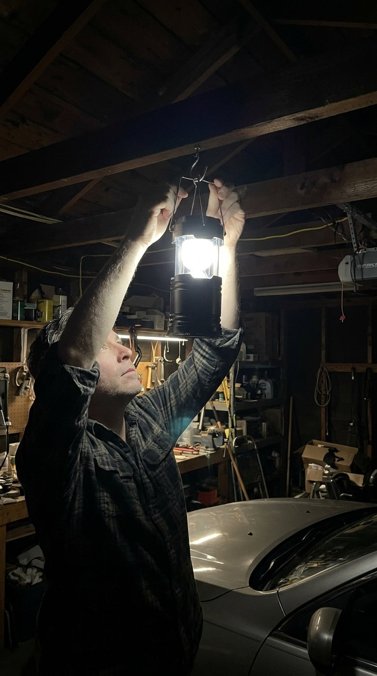 Lantern hanging from a hook in a dark garage