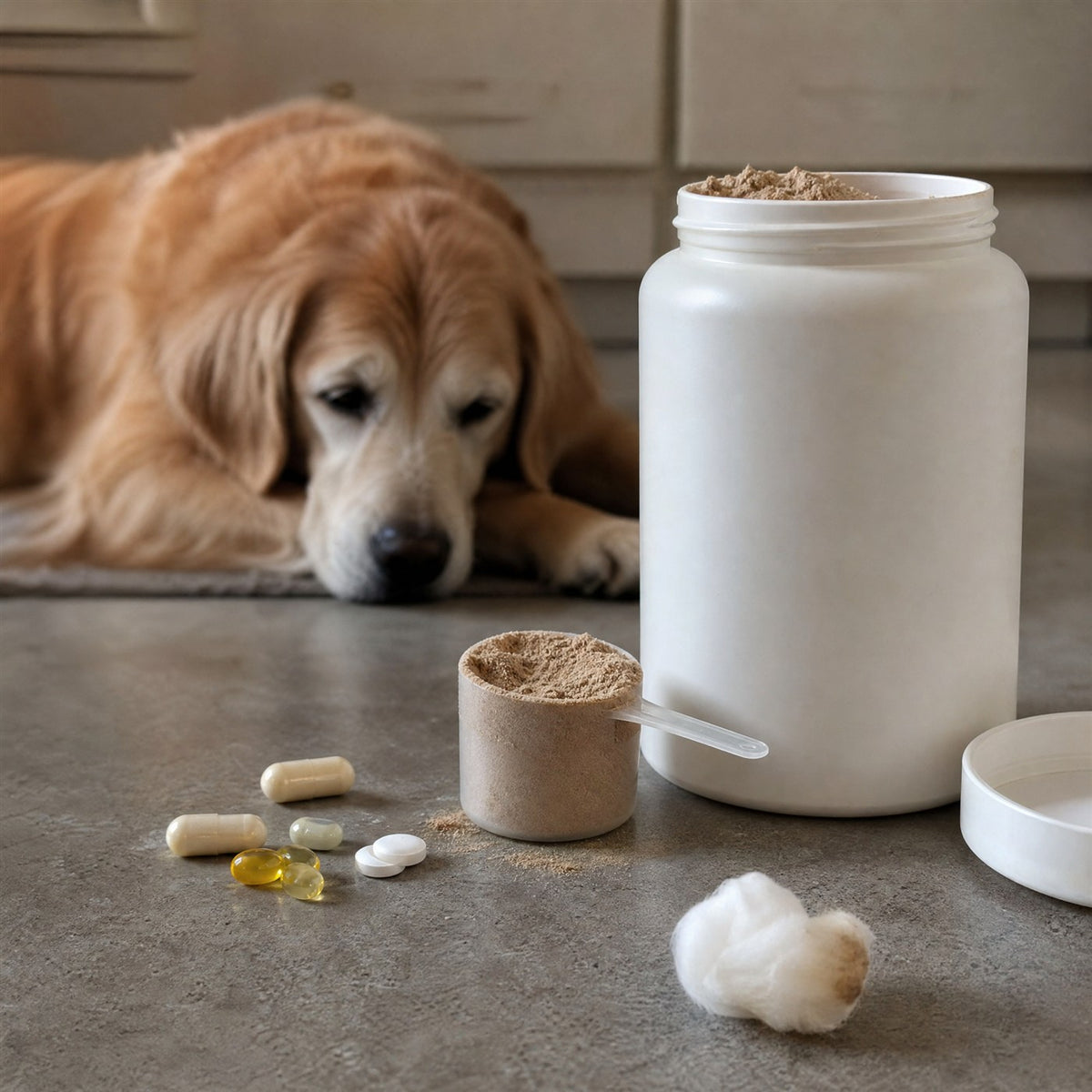 Perro triste junto a un frasco de suplemento y pastillas tiradas