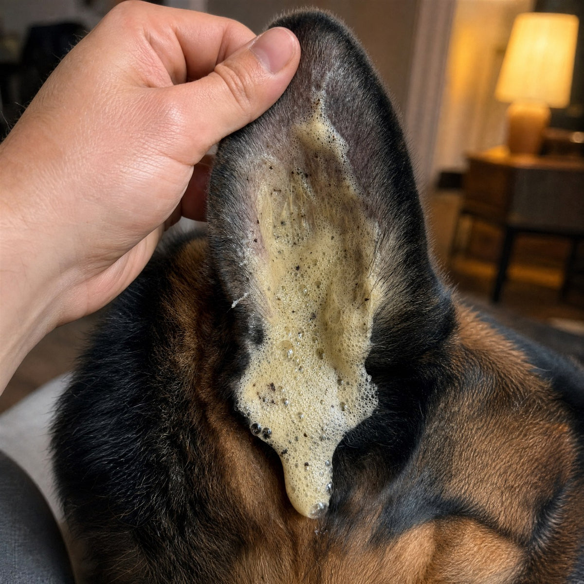Oreja de perro con espuma limpiadora sacando la suciedad