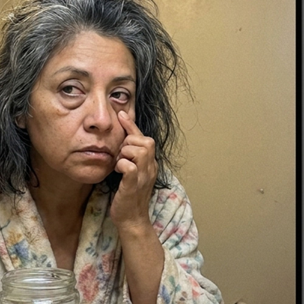 Mujer viéndose las bolsas de los ojos en el espejo