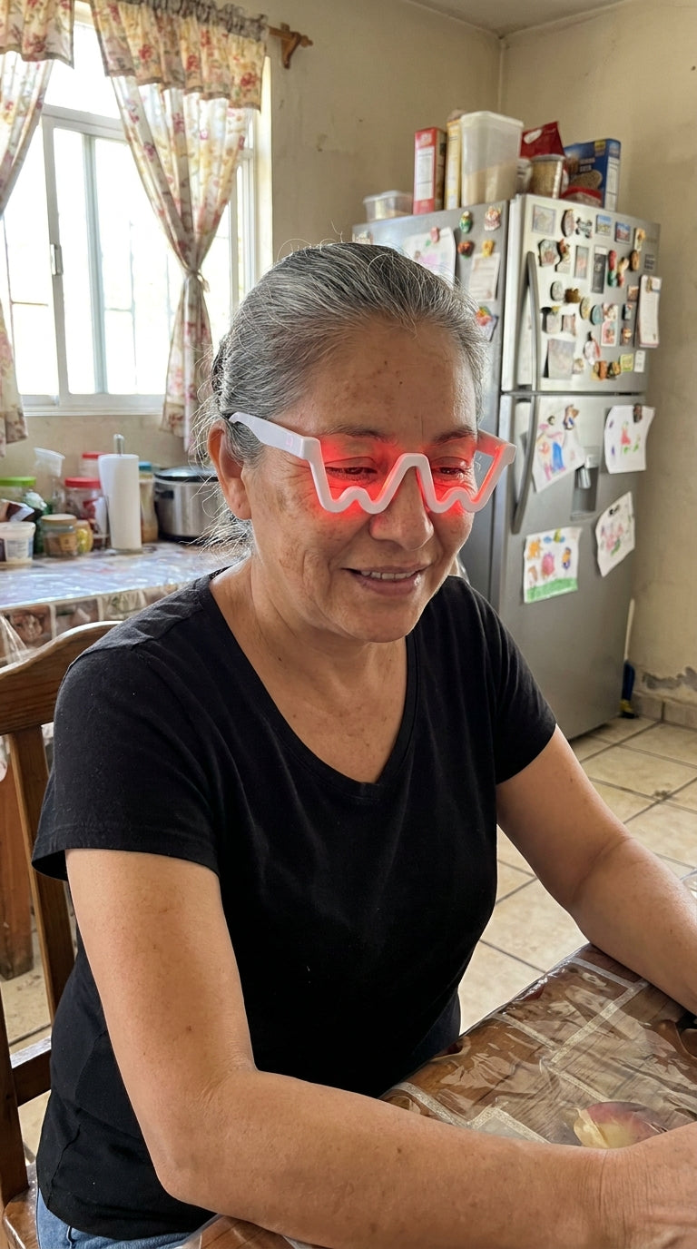 Mujer usando Nivora RevitalEyes en su casa