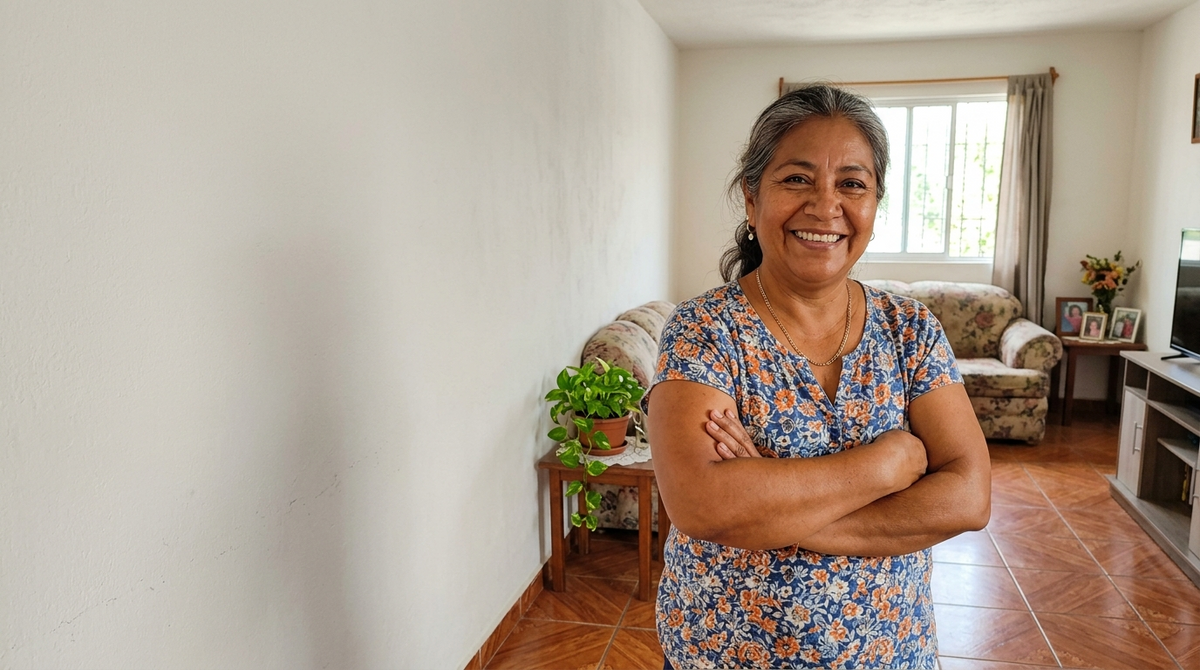 Clienta contenta en la sala de su casa