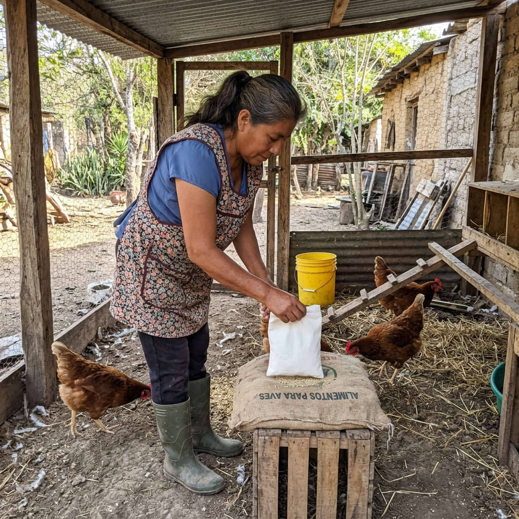 Senora poniendo un sobre repelente junto al alimento de las gallinas