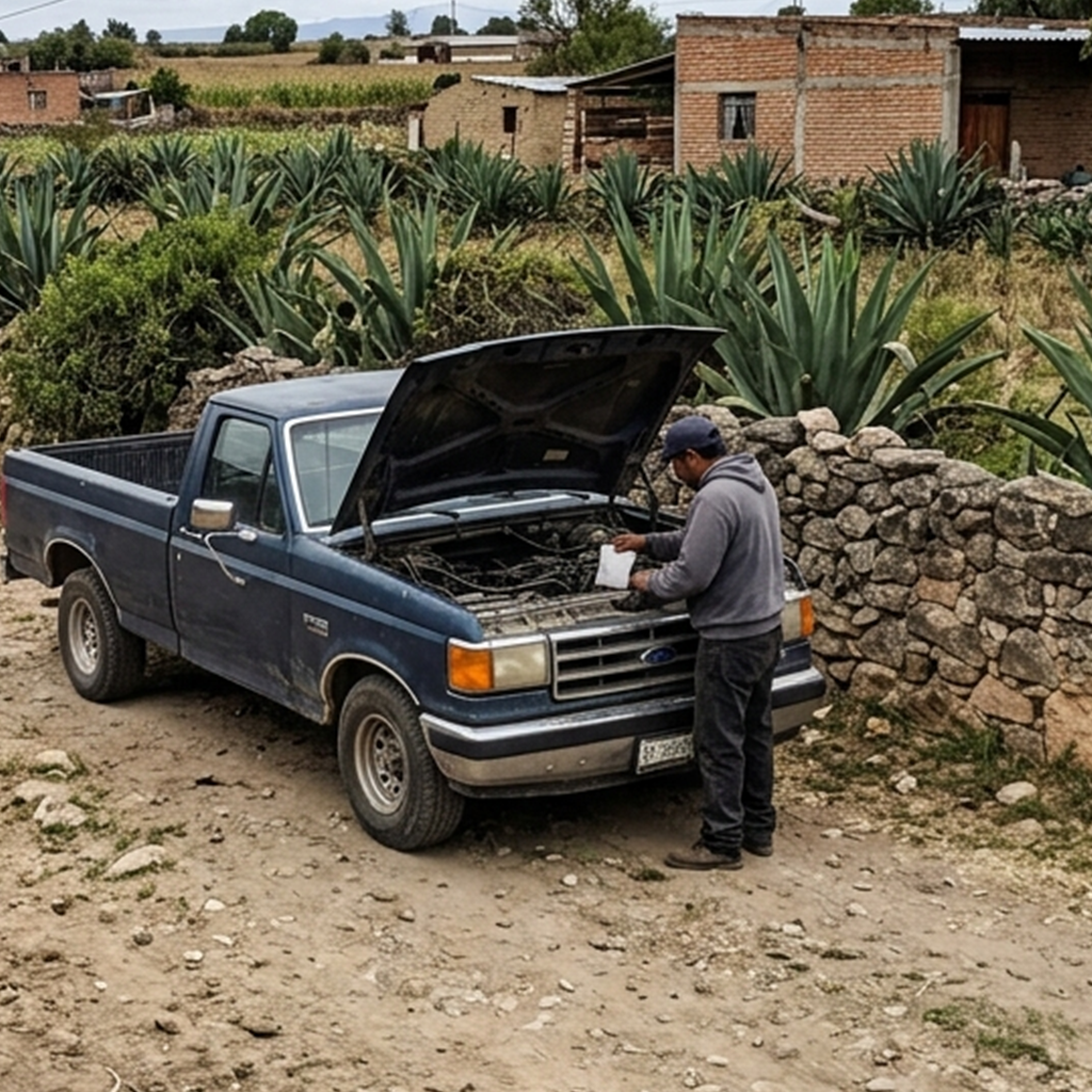 Camioneta en el rancho con el cofre abierto