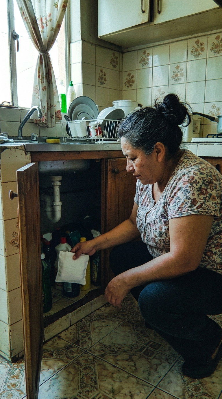 Senora mexicana poniendo un sobre repelente abajo del fregadero