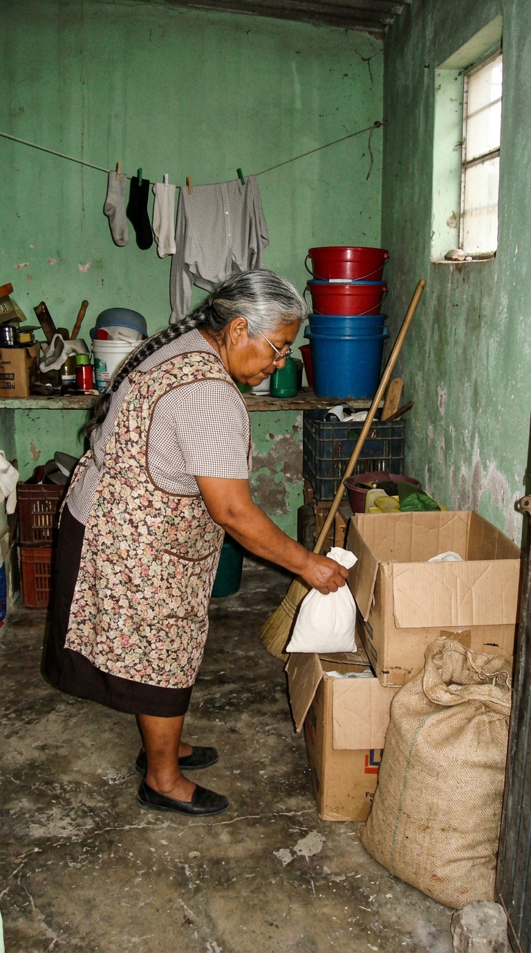 Senora poniendo un sobre repelente en el cuarto de trebejos