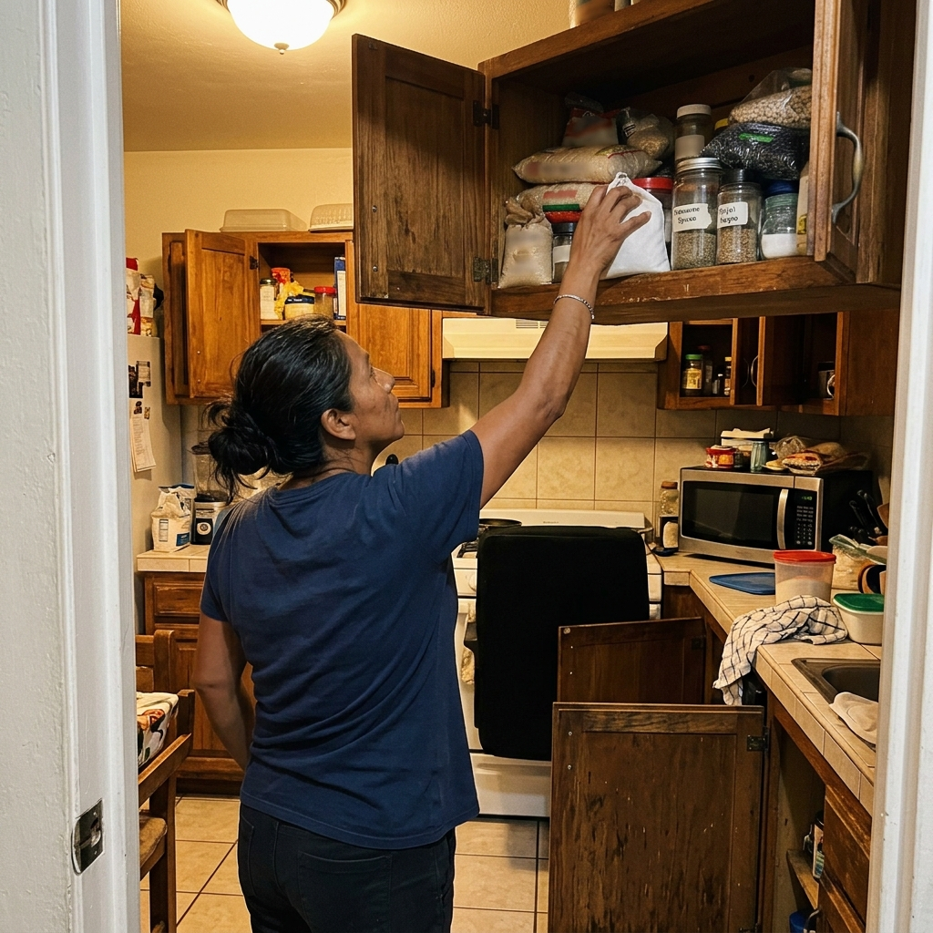 Mujer mexicana poniendo un sobre repelente en la alacena
