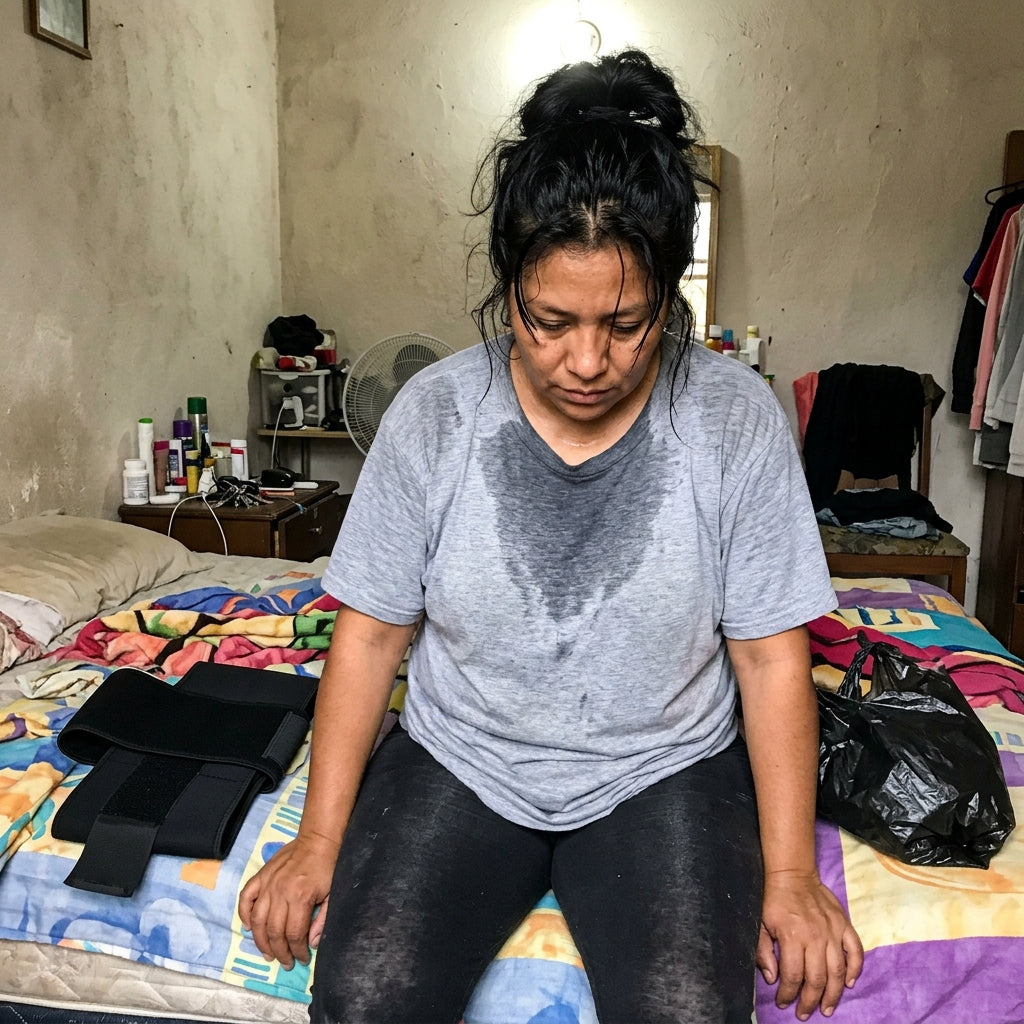 Mujer frustrada después de hacer ejercicio con playera holgada